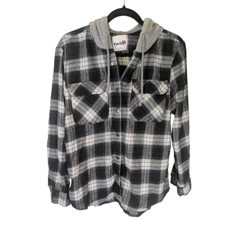 Miss Selfie Black and White Plaid Hooded Plaid Long Sleeve Shirt Women's Size Me